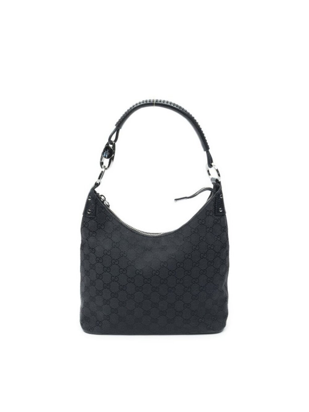 Gucci Ring Handle Zip Hobo Black GG Canvas